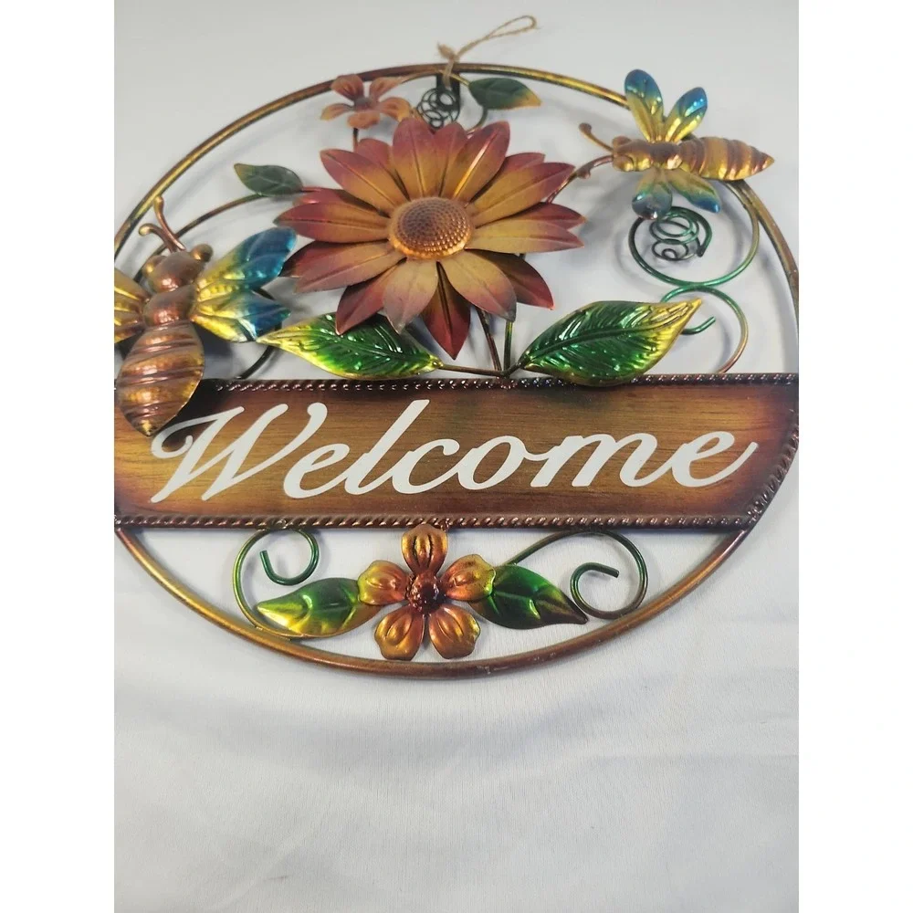Metal Wall Hanging Welcome Sign Bees And Flowers 15‎ X 15 Inch